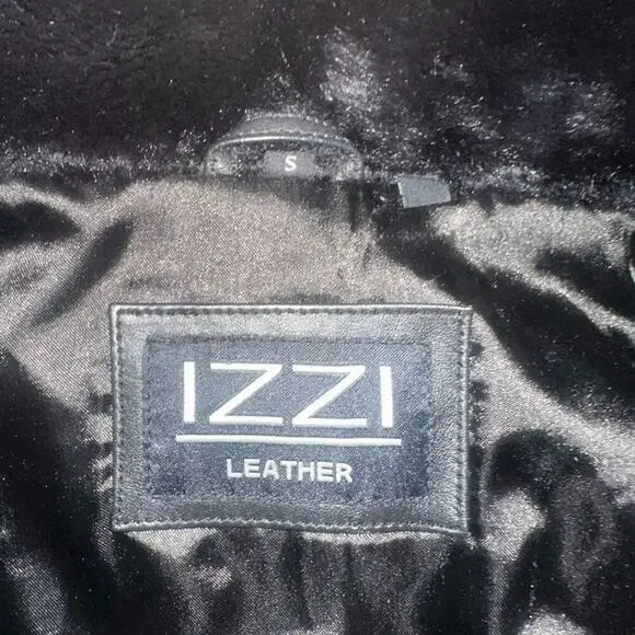 IZZY - Ladies Black 100% Genuine Leather Fur Hooded Zip Jacket Size Medium/Large - Picture 8 of 16